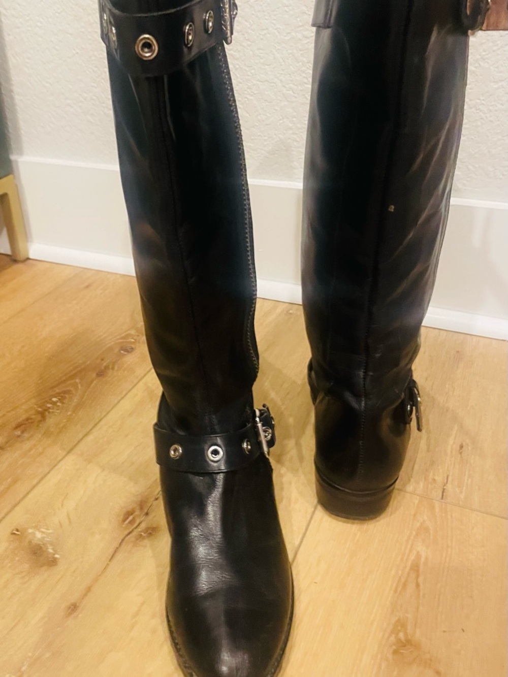 Michael Kors Black Leather Knee-High Buckle Boots